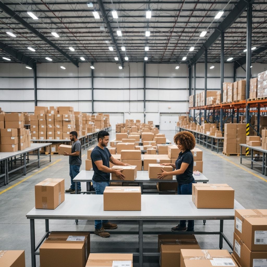 Distribution center workers handling parcel boxes