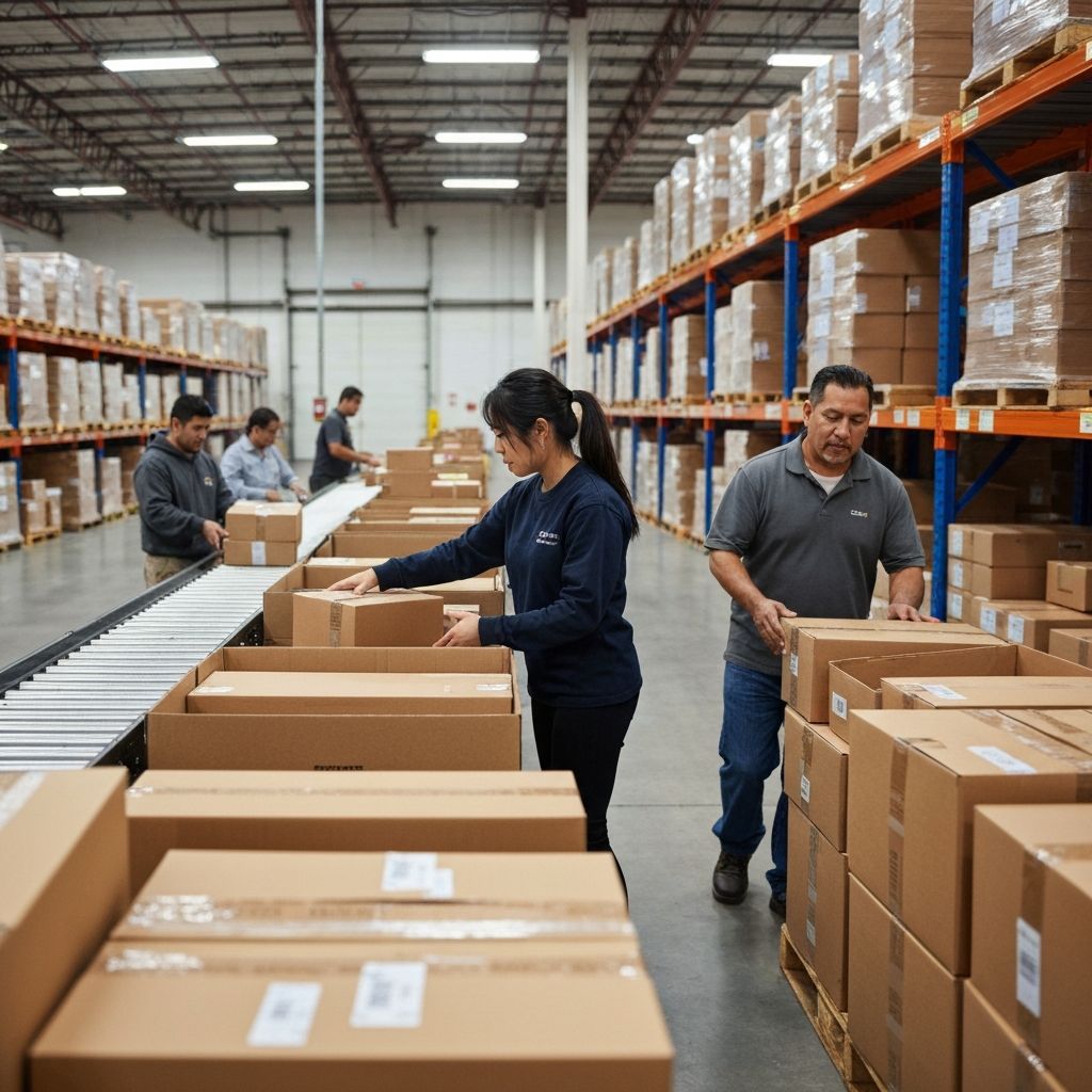 Warehouse workers sorting parcels